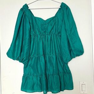 Beyond Words Teal Plunging Neckline Barbie Look Ballon Sleeves Mini Dress Medium